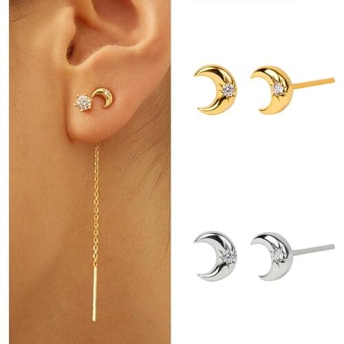 925 Silver Ear Needle Exquisite Moon Stud Earrings Zircon White Crystal Accessories Mini Perforated Earrings Womens Jewelry