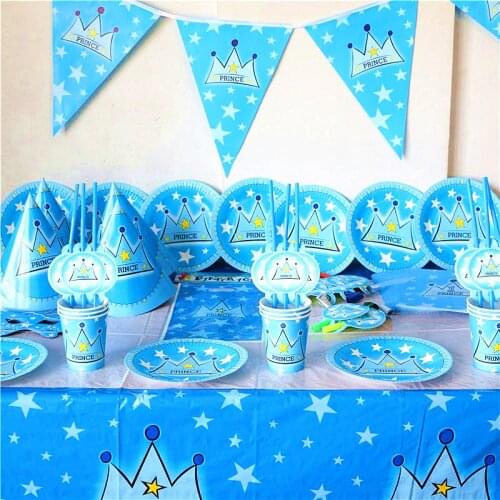 Blue Prince Crown Theme Birthday Party Disposable Tableware Supplies Baby Shower Paper Banner Napkin Tablecloth Decorations Set