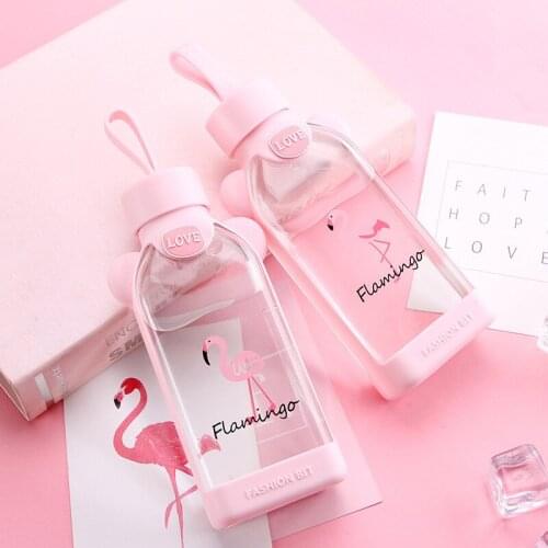 350ml Cute Cartoon Flamingo Cactus Sakura Glass Water Bottle Heat Resistant Cup Portable Sport Travel Drinking Bottles Drinkware
