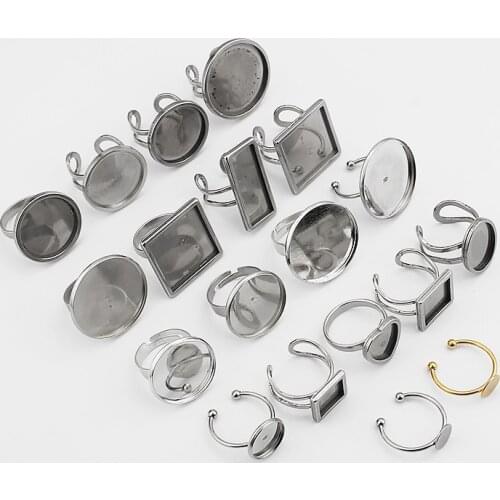 1pack Stainless Steel Heart Rectangle Round Geometric Rings Glass Cameo Cabochon Adjustable Diy Ring Setting Base Findings