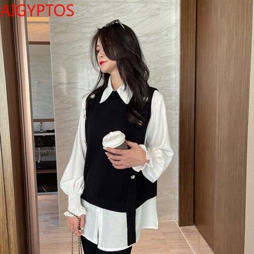 AIGYPTOS All-match fashion suit female autumn and winter flared sleeve lapel shirt knitted vest two-piece sweater vest crop