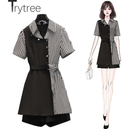 Trytree 2021 Summer Women Two Piece Set Casual Belt Striped Patchwork Black Dress + Wide Leg Shorts Office Lady 2 Piece Suit