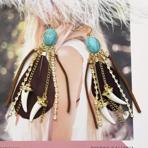 Bohamian Vintage Tassel Dangle Long Earrings For Women crystal leather ivory black feather Gem dangle earring Brincos Bijoux Jew