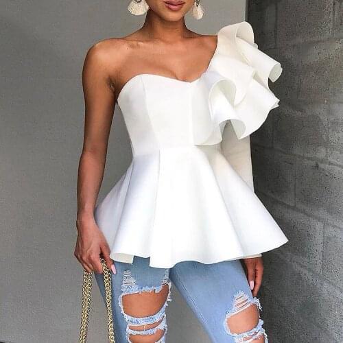New Women Fashion Summer Slash Neck Ruffles Sleeve Asymmetric Hem Slim Tops Blouse