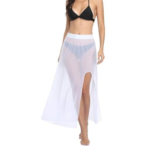 Meihuida Women Sheer Bikini Cover-ups See Through High Waist See Through Beach Skirt Swimwear Solid Color Mesh Beach Dresses