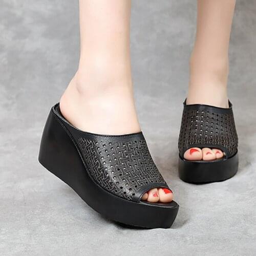Womens Platform Wedges Slippers Summer Women Hollow Out Solid Shoes Woman Peep Toe High Heels Footwear Female Flip Flops 2020