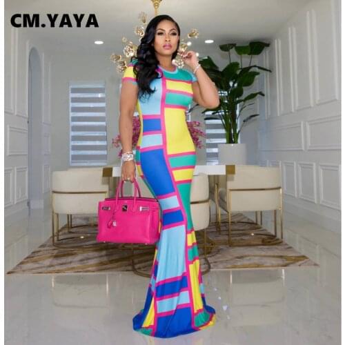CM.YAYA Women Long Dress Print Short Sleeve O-neck Stretchy Bodycon Maxi Dresses Vintage Party Vestidos Summer Outfits 2021