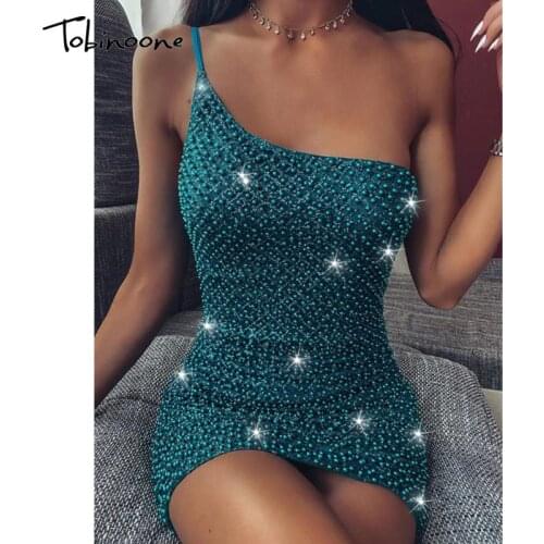 Tobinoone Glitter Beaded Embellish One Shoulder Backless Elegant Party Bodycon Dress Strapless Sexy Club Short Summer Dresses