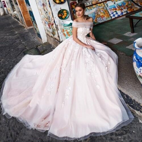 Eightree Pink Dreamy Princess Wedding Dress 2021 Elegant A-Line Off Shoulder Applique Tulle Backless Bridal Ball Gown Customsize