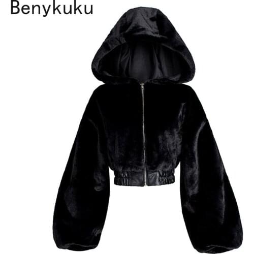 Winter Faux Fur Jacket Women Clothing Short Coat 2020 Warmness Fashion Gothic Casual Black Jackets Hooded Outwear Oversize Coats