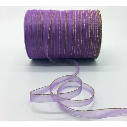 10yds/lot 3/8" 10mm Purple Glitter Golden Rimmed Organza Ribbon Bow Hair Wedding Decoration Lace Crafts