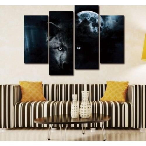 4 pieces / set of painting black wolf and full moon wall art picture poster artwork home decoration
