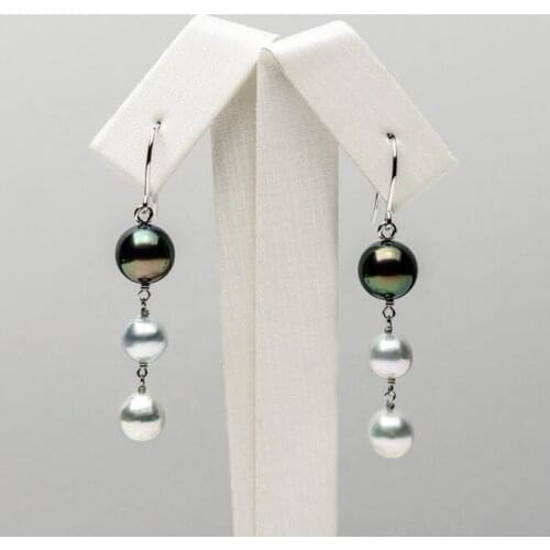 7-8.9mm Silver Akoya Pearl Green Tahitian Pearl Triple Earrings 18k White Gold