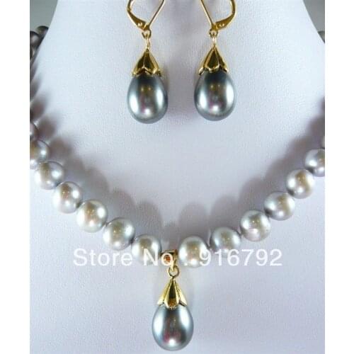 Free shipping >>>>Charming Gray Akoya Cultured Pearl&Shell Pearl Necklace Earring