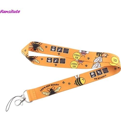 Ransitute R1443 Bee Happy Keychain Tags Strap Neck Lanyards For Keys ID Card Pass Gym Phone USB Badge Holder DIY Hang Rope
