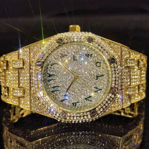 MISSFOX Full Diamond Gold Man Watch Quartz Arabic Numerals Luxury Wristwatch Men Rich Gentleman Fashion Relógio Masculino Gift