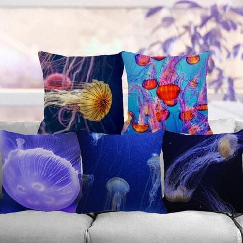 XUNYU Cushion Cover Jellyfish Pattern Printing Throw Pillow Case Linen Cushion Case Sofa Bed Decorative Pillowcase 45x45cm C0036