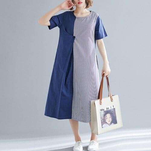 Striped Long Dress Robe Vintage Femme Cotton Linen O Neck Shot Sleeve WomenS Asymmetric Dresses 2019 Summer Dresses TA1795