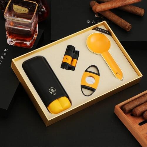 GALINER Gas Torch Lighter Cigar Cutter Guillotine Metal House 1 Rest Ashtray Travel Cigar Leather Case Fit 2 Cigars Accessories