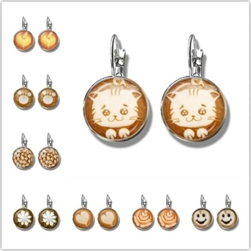 Coffee Latte Carving Chocolate Printing Cat Glass Cabochon Earrings Love Heart Flower Clover Snowflake Jewelry For Women Girls