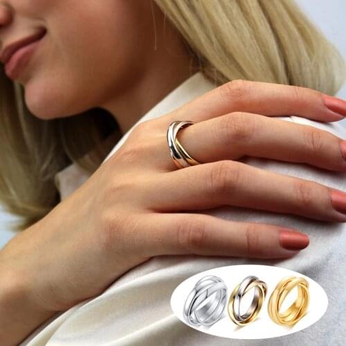 Womens Silver Color Triple Rolling Ring Three In One Sets Stainless Steel Wedding Engagement Female Interlocked Stackable Rings