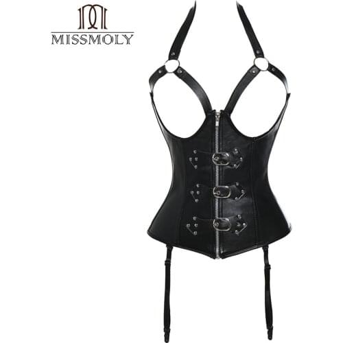 Miss Moly steampunk Corset Gothic Faux leather Bustier Steel Boned Women Tummy Lingerie Tops Plus Size Burlesque Dress Corsets