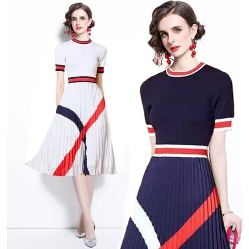 Summer New Fashion Womens Breathable Knit Top Panel Printed Short-Sleeve Pleated Dress