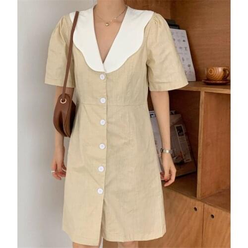Summer Womens Dresses Chic Wave Neck Stitching Contrast Color Slim Dress