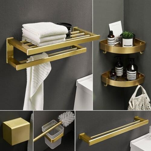 Brushed Gold Bathroom Set Bath towel rack Corner Shelf Robe Hooks Toilet Brush Holder Aluminum Bathroom Hardware