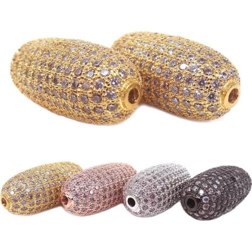 New Micro Pave CZ Long Football Oval Shape beads For Pearl Gem Stone Bracelet Necklace Jewelry Making Spacer Chunky Metal Beads