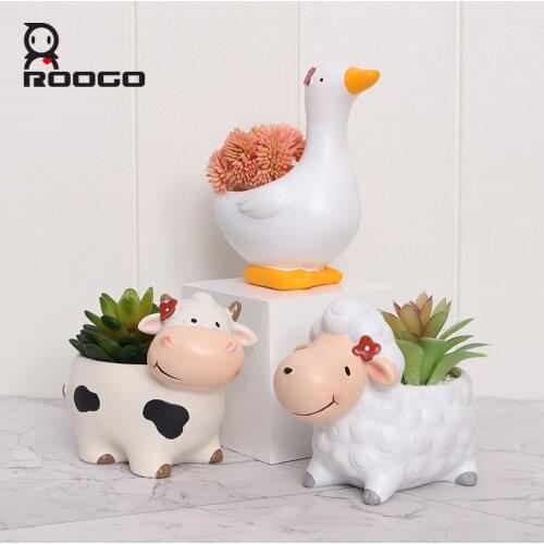 Roogo wholesale resin cute cartoon animals flower pots home garden mini succulent plant pots