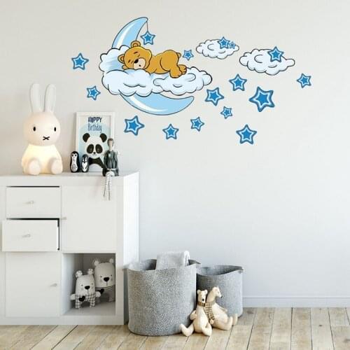 Bear on the Moon Wall Stickers Watercolor Nursery Wall Decals DIY Cartoon Animal Neutral Wall Decoration for Kids Room