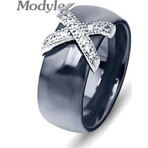 Modyle Fashion Rings Jewelry Female White Black Ceramic Boho Rings With Inlaid Crystal Cubic Zircon Rings for Women