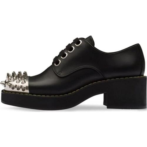 MKKHOU Fashion Iron Head Rivet Leather Loafers Womens Cool Street Punk Thick High-Heeled Shoes Large Size 34-43