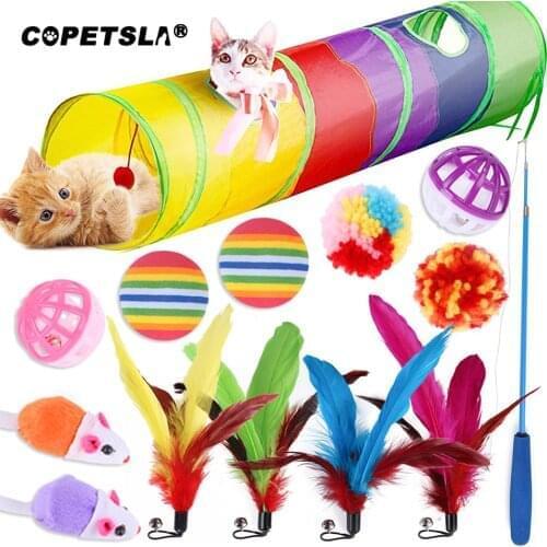 Copetsla 14Pcs Cat Toys Kit Collapsible Tunnel Cat toy Fun Bell Feather Mice Shape Pet Kitten Dog Cat Interactive Play Supplies
