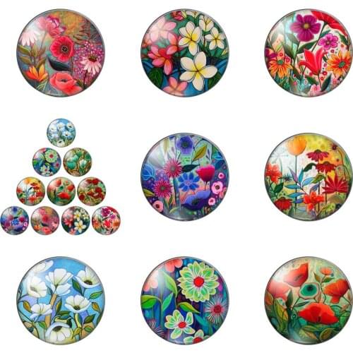 Colourful Flowers in Clusters 10pcs Mixed 12mm/20mm/25mm/30mm Round Photo Glass Cabochon Demo Flat Back Making Findings