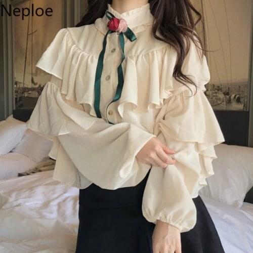 Neploe Chic Elegant Ruffles Lantern Long Sleeve Chiffon Shirt Stand Lace Up Bow Button Blusas Autumn Spring 2021 New Blouse47436