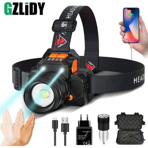USB Rechargeable LED Headlamp Super Bright T6/L2 Waterproof Headlight with Sensor Switch 3 Modes Fishing Flashlight Zoom Lantern