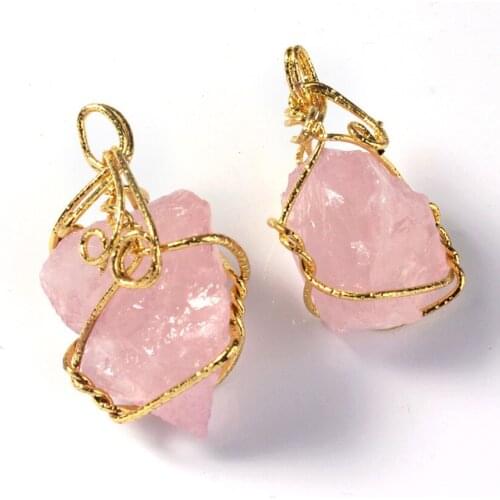 Trendy-beads Rose Gold Color Wire Wrap Irregular Shape Natural Rose Pink Quartz Pendant For Women Jewelry
