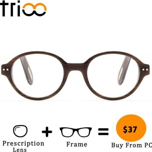 TRIOO Round Prescription Glasses Acetate Wooden Pattern Eyeglasses Vintage Retro Reading Minus Eye Glasses Clear Myopia Lens