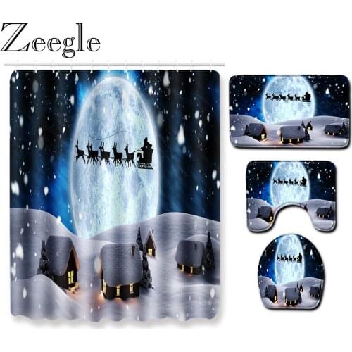 Zeegle Waterproof Shower Curtain Christmas Bath Curtain Absorbent Toilet Cover Mat Anti Slip Bathroom Rug Washable Bath Mat Set