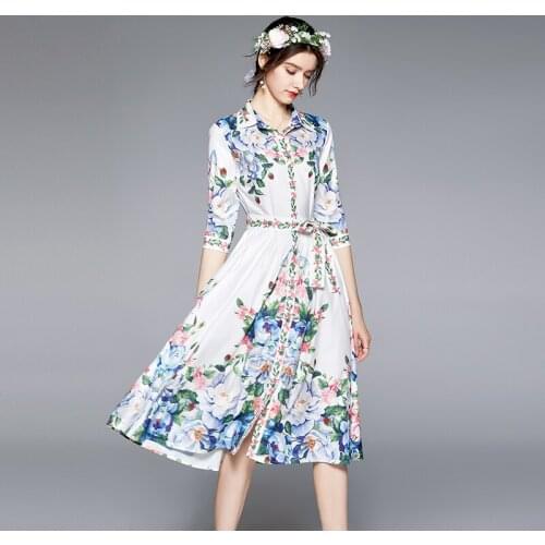 JSXDHK Women Summer Elegant Shirt Dresses Runway Vintage Flower Printed Single Breasted Female Lace UP Belt Holiday Midi Dress