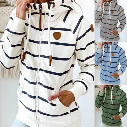 Women Drawstring Sweatshirt Long Sleeve Stripes Hoodie Autumn Winter Pocket Sweatshirt Regular Coat Casual Korean style 2021