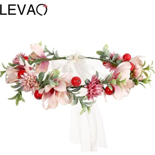 LEVAO DIY Wedding Bride Corolla Head Wreath Boho Fabric Flower Crown Hair Accessories Headband Hairband Women Seaside Headdress