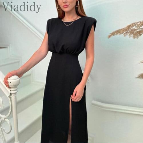 Women Elegant Round Neck Solid Color Side Slit Midi Dress