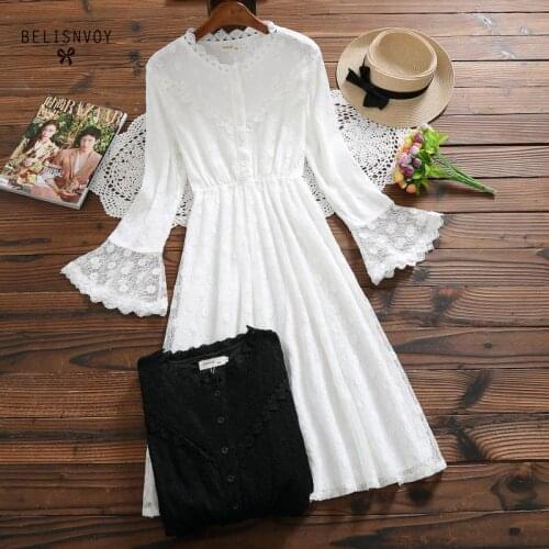 Mori Girl Elegant Women Long Lace Dress Ruffled Collar Hollow Out Femme Gown Flare Sleeve Spring Autumn Lady Slim Princess Dress