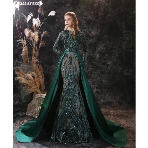 2020 Mermaid Prom Dress Sexy Dark Green Long Full Sleeves O-neck Illusion Back Muslim Sweep Train Evening Dress robe de soiree