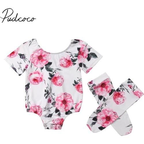 2019 Brand New Newborn Infant Kids Baby Girl Boy Clothes Sets Bodysuits 2PCS Short Sleeve Floral Print Jumpsuits+Long Stockings