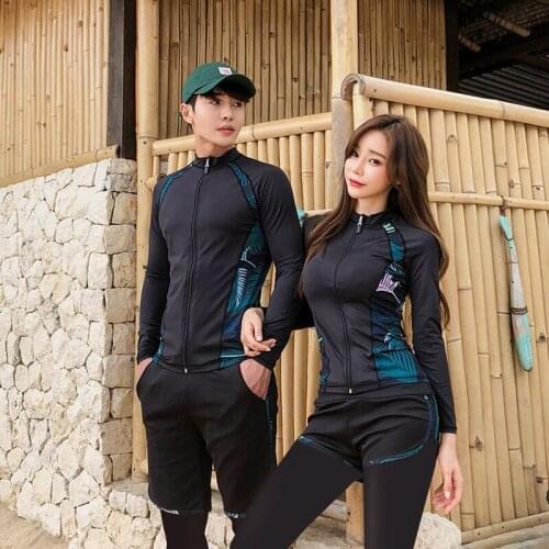 2021 Summer Couple Swimsuit Uv Proof Long Sleeve Bathing Suit Sexy Slim Rushguard Women 5 Pieces Set Men 3 Piece Set Diving Suit