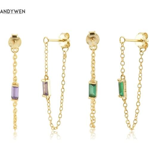 ANDYWEN 925 Sterling Silver Clear Green Purple Zircon CZ Chain Chain Stud Earing Women Piercing Pendientes Luxury Jewelry